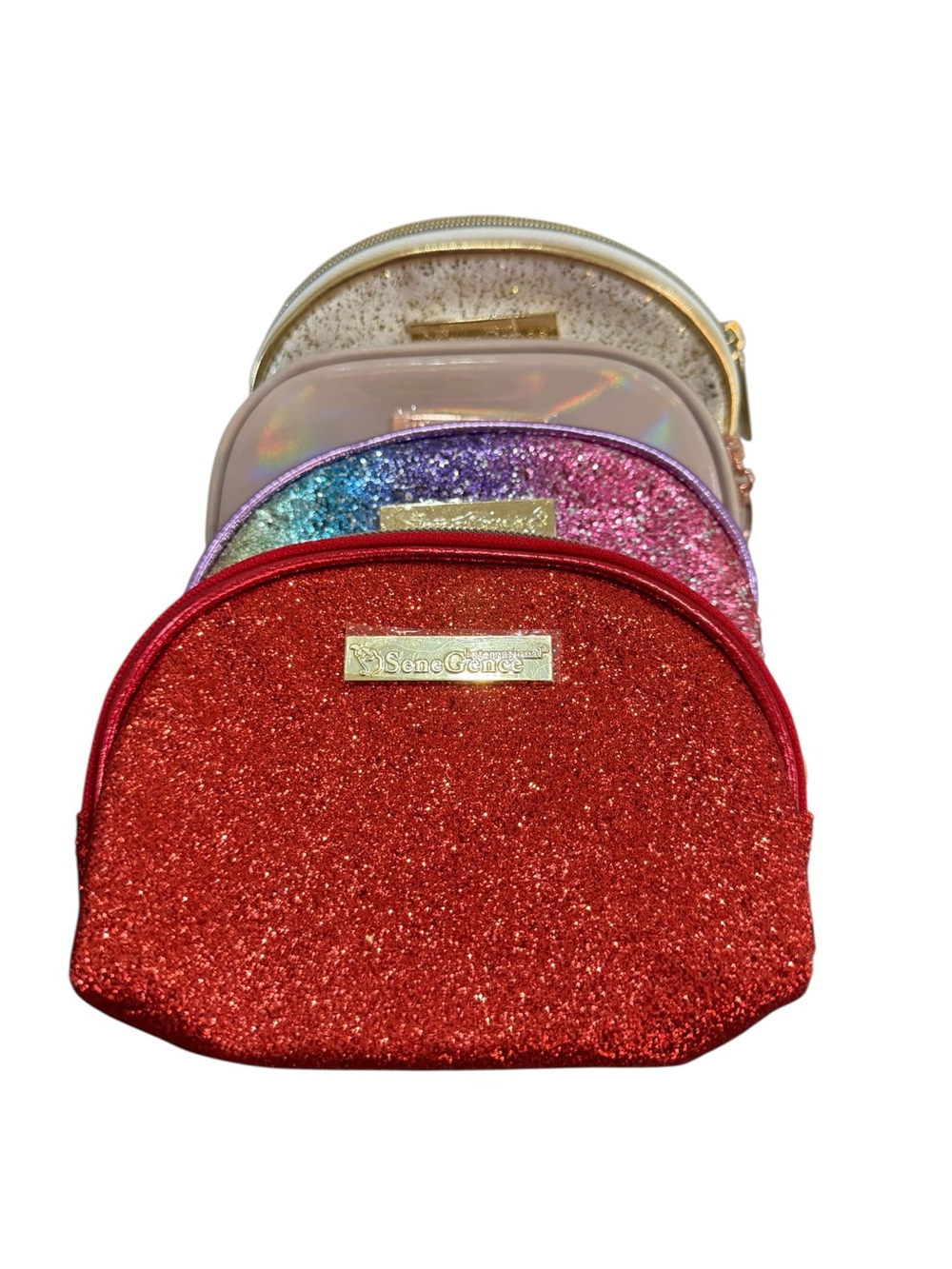 NWT SeneGence Makeup Bag Bundle White Glitter, Rainbow, Red Glitter & Pearl Cosm